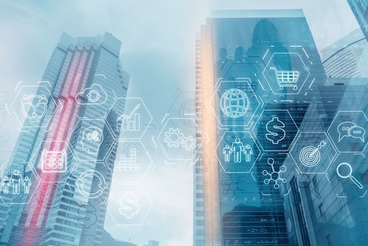 ERP Enterprise Resource Planning. Business intelligence control panel marketing on modern city of the future background. photo