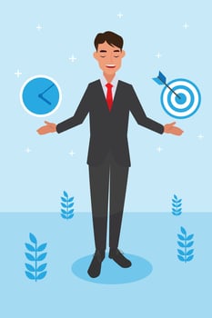 Happy young big isolated corporate man done his job as vision and mission vector