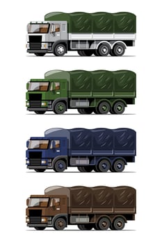 Big isolated vehicle vector colorful icons set, flat illustrations of various type truck, logistic commercial transport concept.