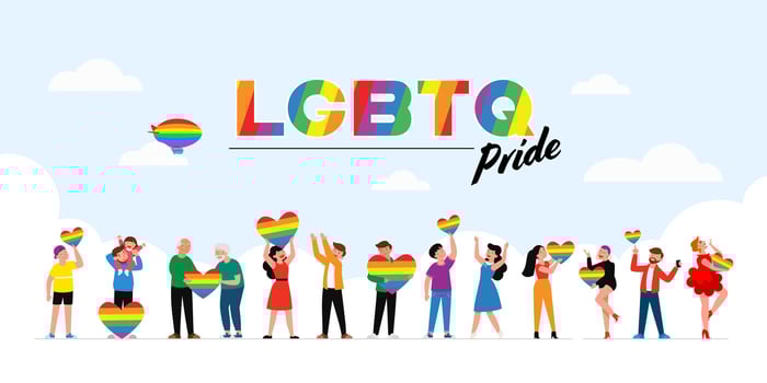 People hold lgbt rainbow and transgender flag during pride month celebration against violence, descrimination, human rights violation. Equality and self-affirmarmation. vector