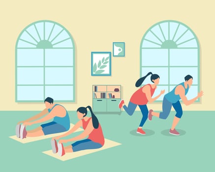 Healthy young group of people practicing yoga . Vector illustration. Workout, exercise, fitness, indoor, meditation, lifestyle, stay at home concept