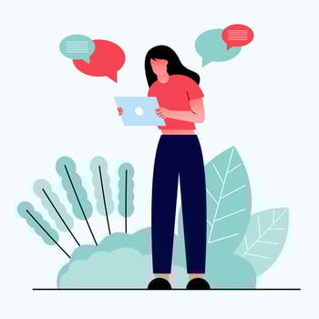 Young woman girl holding tablet computer. Cute woman using tablet PC and Chat with someone. Vector illustration in flat style.