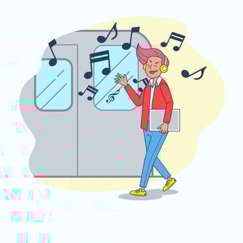 Big Isolated young man walking and listening music  in headphone. Music lover enjoying his favorite track illustration vector with light background.