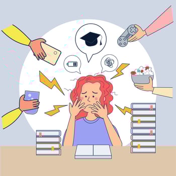 Big isolated Young girl studying on a desk in . Depressed, heart broken, under pressure Cartoon character vector illustration.