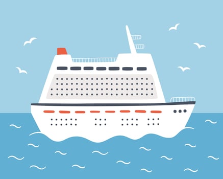 A large cruise ship sails on the sea. Travel on an ocean liner. Hand drawn vector illustration