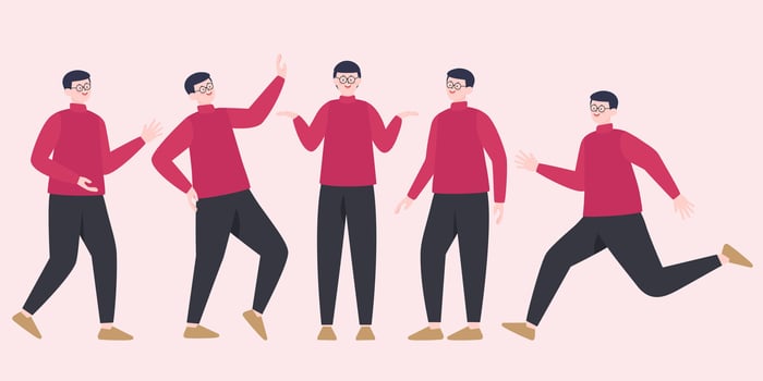 Handsome man constructor in flat style. Parts of body legs and arms , face emotions, haircuts and hands gestures. Vector cartoon Man character