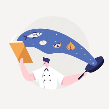 The apprentice chef learns how to cook from the cookbook. vector