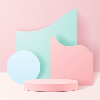 minimal scene with geometrical forms. Cylinder podiums in soft pink background with paper leaves on column. Scene to show cosmetic product, Showcase, shopfront, display case. 3d vector illustration.