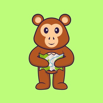 Cute monkey holding a map. Animal cartoon concept isolated. Can used for t-shirt, greeting card, invitation card or mascot. Flat Cartoon Style vector
