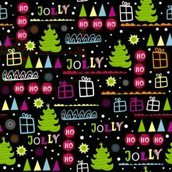 Seamless pattern with Christmas tree, gift box and snow. vector