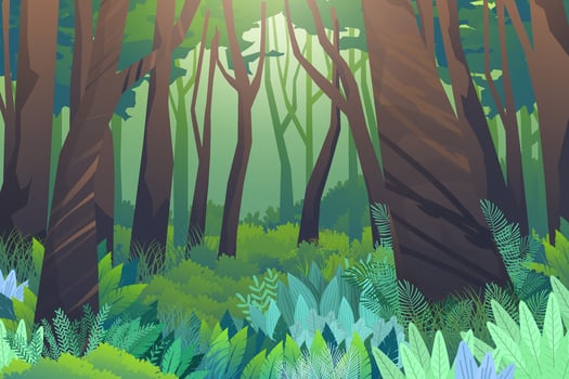Scene forest of trees and green low hedges vector