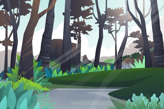 Scene of forest and nature pond with mountain vector