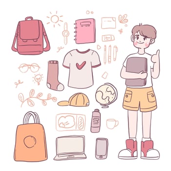 Dress up doll school boy. Boys' characters school costumes vector