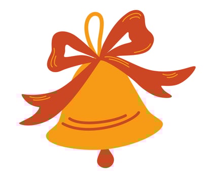 Golden bell with red ribbon. Christmas symbol, school bell concept. Icon for web and mobile application. Vector illustration on a white background.