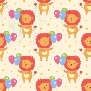 Happy birthday seamless pattern Cute animal lion with balloons Holiday decoration celebration Vector illustration for children Isolated on background