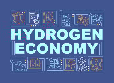Hydrogen economy word concepts banner. Ecological energy. Infographics with linear icons on navy background. Isolated creative typography. Vector outline color illustration with text