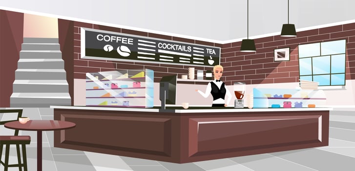 Coffee shop interior flat vector illustration. Female barista offering drinks cartoon character. Stylish interior with vintage brick wall and wooden furniture. Cafe employee standing at counter