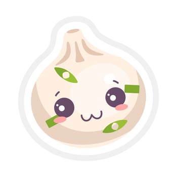 Chinese dumpling cute kawaii vector character. Asian traditional dish with smiling face. Eastern cuisine. Xiao long bao dish. Funny emoji, emoticon. Isolated cartoon color illustration