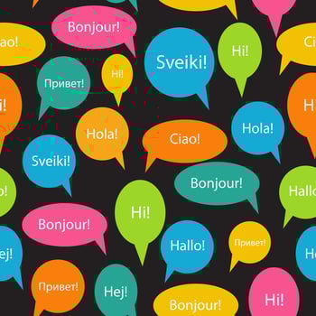 Seamless Pattern Background of Speech Bubble with Hello Word on Different Languages Danish, Spanish, Russian, English, German, Italian, Lithuanian, French Vector Illustration