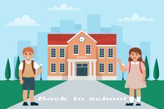 Pupil Girl and boy with school bags near school building, happy children. Back to school concept. Vector illustration in flat style