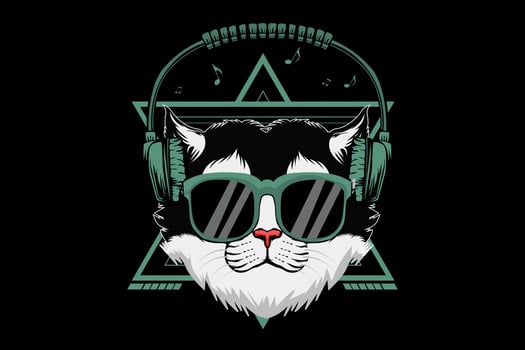 cat wears headphones illustration design vector