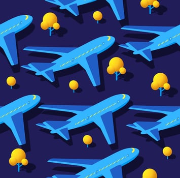 Night plane flying fashion trendy illustration seamless pattern vector