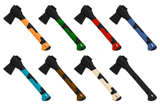 Illustration on theme big kit steel axes with wooden handle vector
