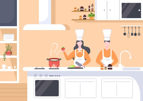 Chef Is Cooking In The Kitchen Background vector
