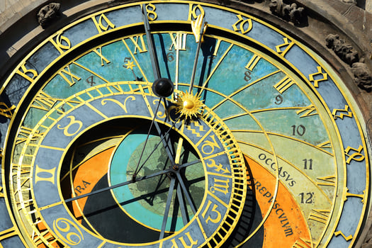 Detail of the historical medieval astronomical Clock in Prague on Old Town Hall , Czech Republic photo