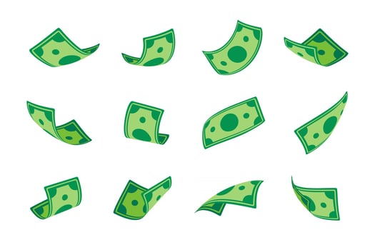 Dollar bills falling from above. Billionaire jacks a lot of money vector