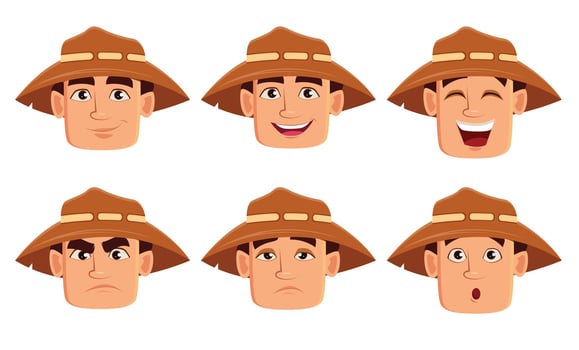Face expressions of farmer in hat vector