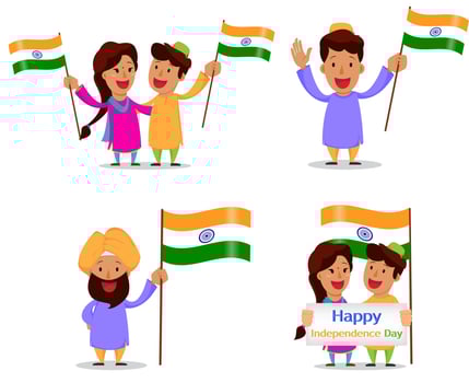 Independence Day in India. Greeting card with funny cartoon characters vector