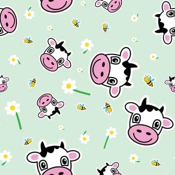 Seamless pattern, cows, bees and chamomile - Vector