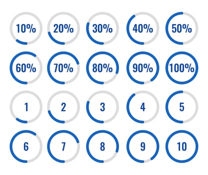 Set of circle percentage and countdown diagram 10-100 percent 1-10. vector