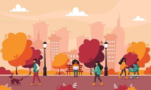 People doing various outdoor activities in autumn park vector
