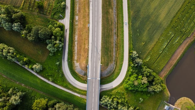 Aerial view of local road during summer day photo