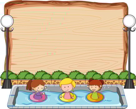Empty wooden board with many kids in the pool isolated vector