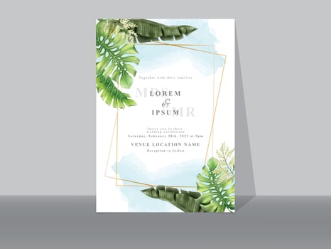 Wedding invitation cards with greenery tropical leaves vector