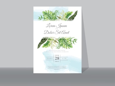 Wedding invitation cards with greenery tropical leaves vector
