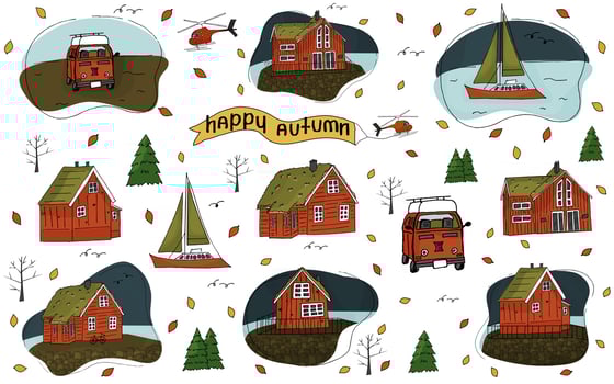 Set of Wooden houses, helicopter, Christmas trees vector