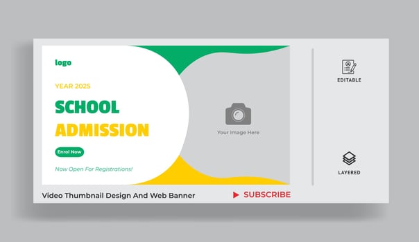 School education admission video thumbnail and web banner template. vector