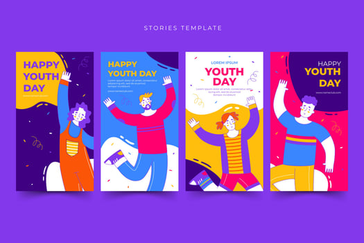 Set of happy international youth day stories template vector