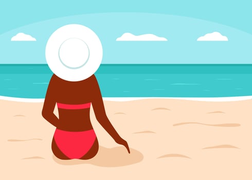 Black woman in swimsuit sits on beach sea, back view. african girl vector