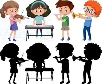 Set of different kids playing musical instruments with silhouette vector