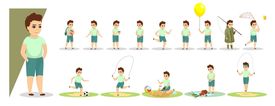 Little boy in various gesture expression poses. Male child emotions vector