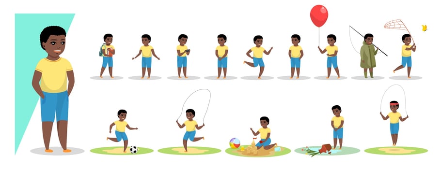 Little african american boy in various gesture expression poses vector