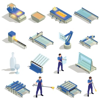 Glass Production Isometric Set Vector Illustration