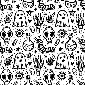 Halloween Day of dead Black ink vector seamless pattern Witch elements