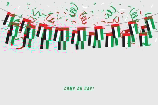 UAE garland flag with confetti on white background. vector