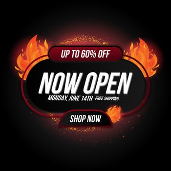 Now open shop or new store red and orange color fire sign on black vector